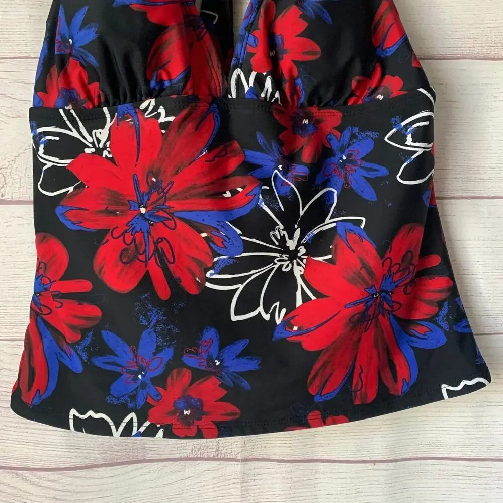 Catalina Floral Halter Tankini Swimsuit Top Red White Blue Size S (4-6)
